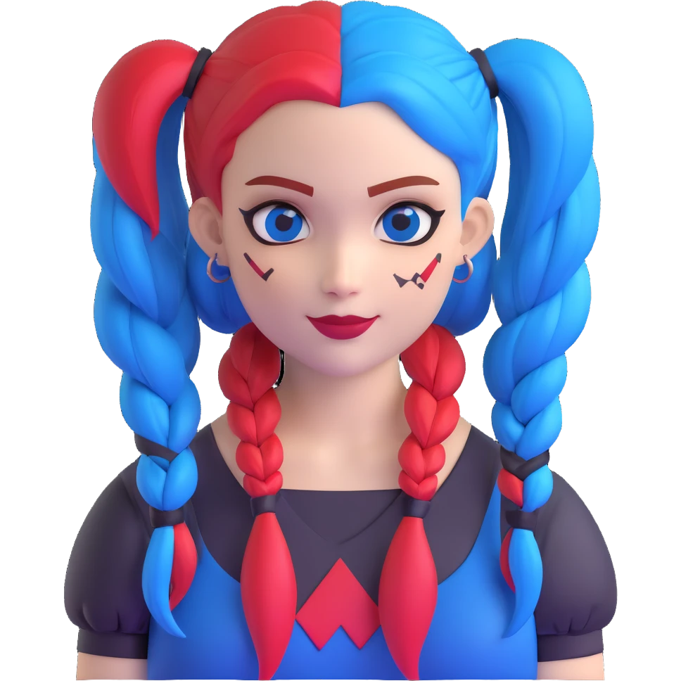 hair styled like Harley Quinn with blue and red pigtails emoji
