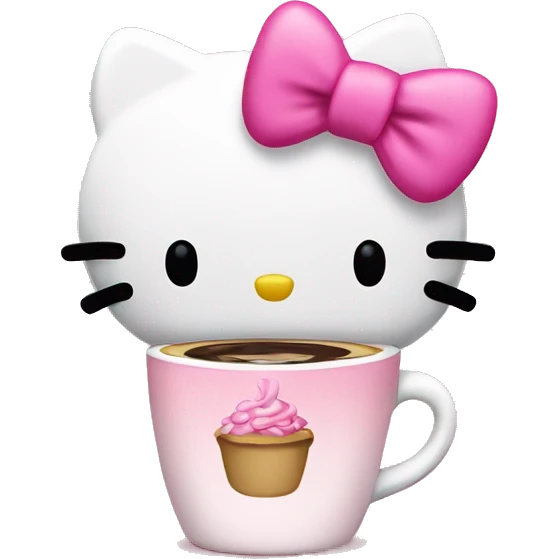 Hello kitty with a pink bow at a all all pink and white coffee shop emoji