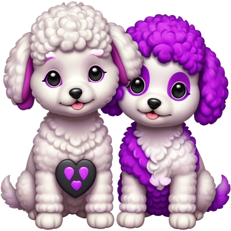 Two white toy poodle–style dogs, fluffy curly fur, round faces, black button eyes, pink and purple dyed ears and paws (magenta/violet tips). One standing upright, one sitting. Cute, plush, emoji style. emoji