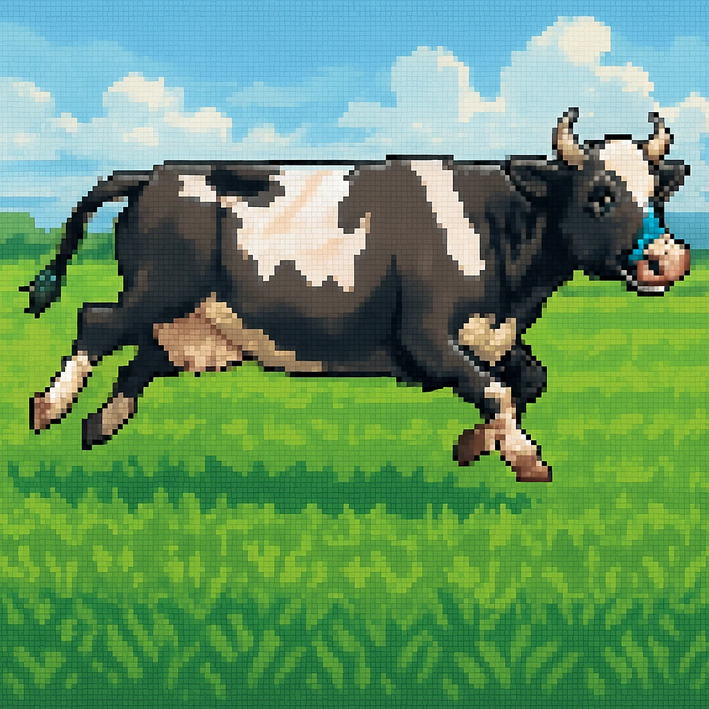 Make the image have a green grass field background in the style of pixel art emoji