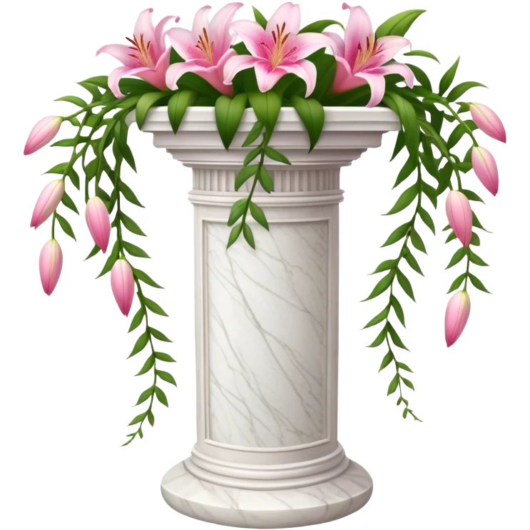 White tall marble pedestal with vines growing on it and pink lilies, beautiful romantic scenery  emoji