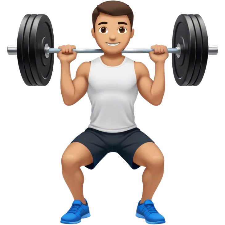 smiling man black shorts black t shirt blue shoes barbell squats emoji