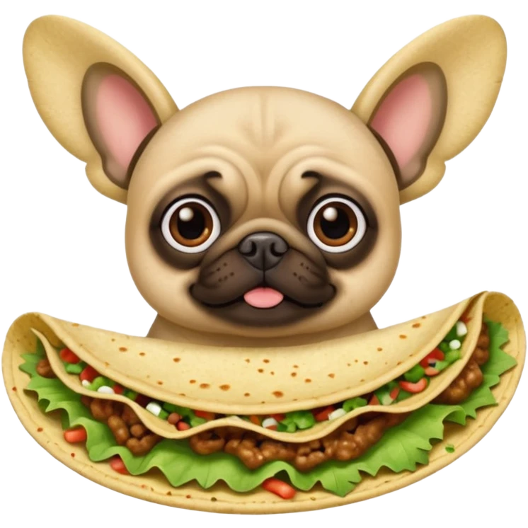 A pug dressed as Tinker Bell eating carnitas tacos with onion and cilantro. emoji