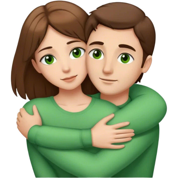 white couple with brown hair, man has short hair and brown eyes. woman has long hair and green eyes .they’re hugging each other . man has brown eyes emoji
