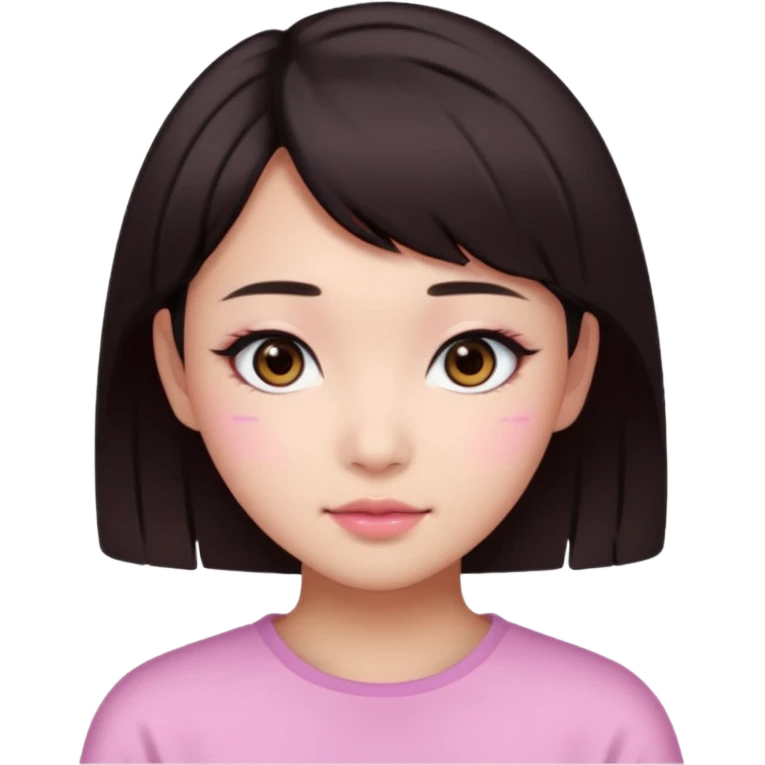 asian girl with short dark brown hair and dark brown eyes with a soft girl pink glowup aesthetic emoji
