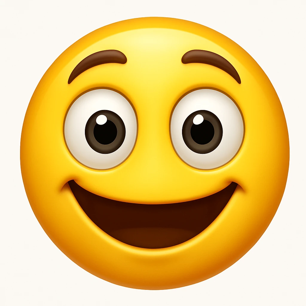 Create a yellow smiley face emoji with a similar facial expression to the reference image. It should have wide eyes, raised eyebrows, a big smile, and a shiny, smooth appearance. Add a subtle highlight. The style should resemble the iOS emoji style. emoji