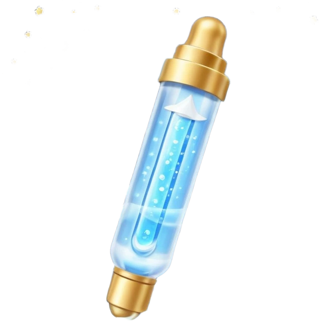 Slim blue Differin Gel tube with white cap and golden glow around the “GEL” label. Floating in a soft blue aura with tiny glowing stars and clear orbs spiraling upward. Emits a focused beam of clarity magic, like a blemish-banishing spell sealed in a sleek, futuristic wand. emoji