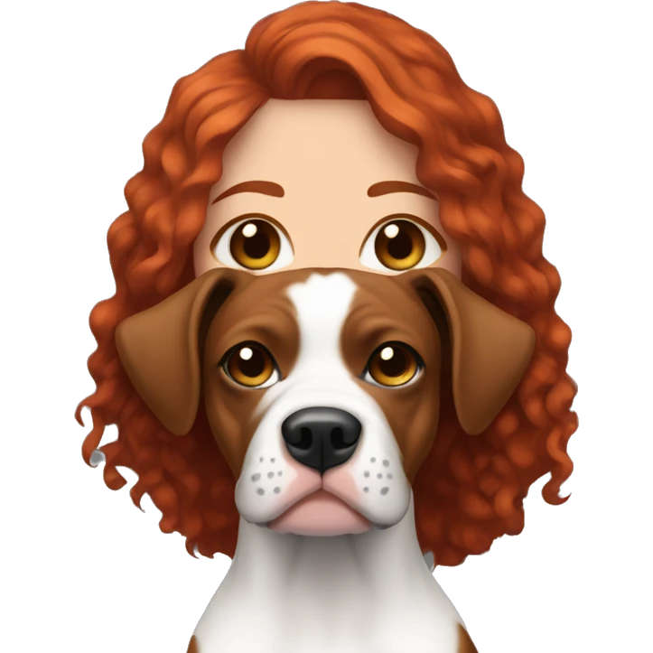 Long Red haired woman with septum piercing holding black and white English Staffordshire dog emoji