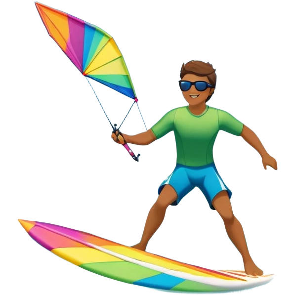 A kite surfer gliding across the ocean, with a colorful kite soaring high in the sky and the surfer carving through the waves. The scene captures the energy and freedom of the sport, with the sun shining and the ocean's waves splashing around. emoji