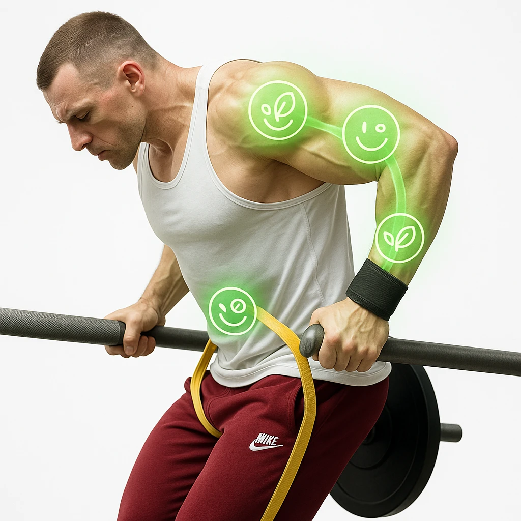 A man doing a dip exercise with shoulder, arm, and elbow joints highlighted in green, with an overlay of wellness symbols (like leaves or smiley faces) on the areas to indicate joint improvement. Hyper-realistic style with anatomical details, clinical atmosphere, and white background. emoji