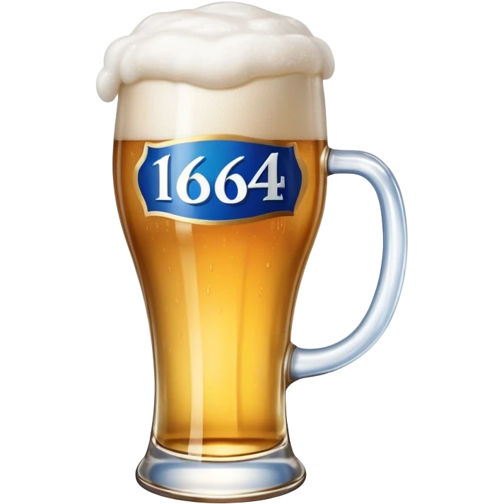 glass of 1664 Blanc beer with blue and white label, frothy head, golden color emoji
