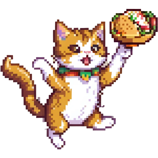 a taco cat running, dynamic pose, pixel art style, bright colors, cat leaping with taco shell flaring emoji