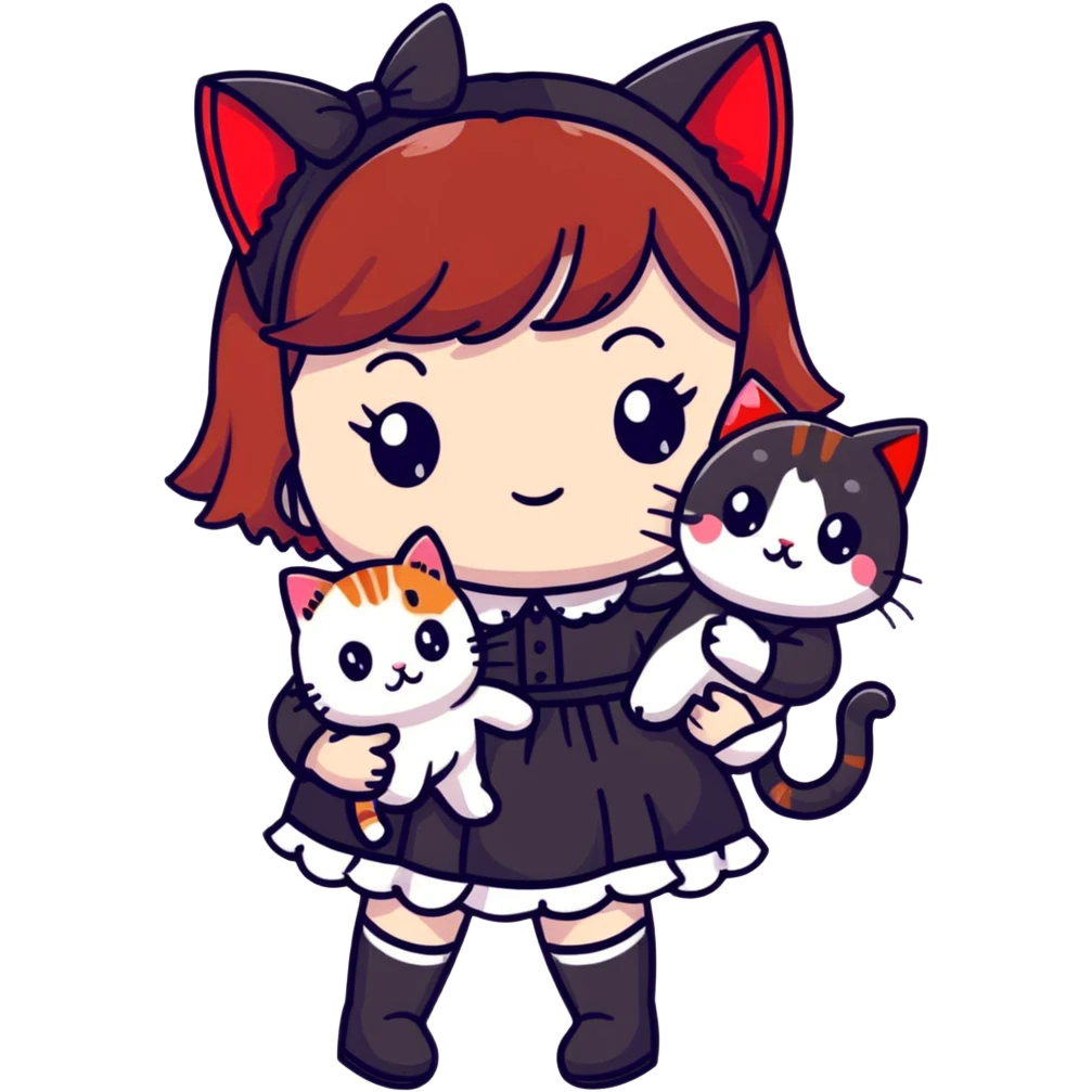 Girl with black and red-tipped hair in black Lolita dress with tabby cat emoji