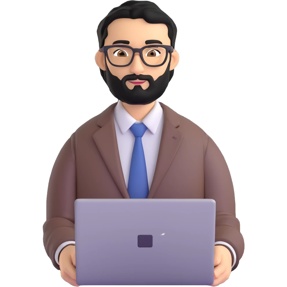 single professional man with medium black beard, neat black hair, connected unibrow, olive tan skin, brown eyes, glasses, prominent nose, wearing clean business casual attire, holding a laptop, centered portrait emoji