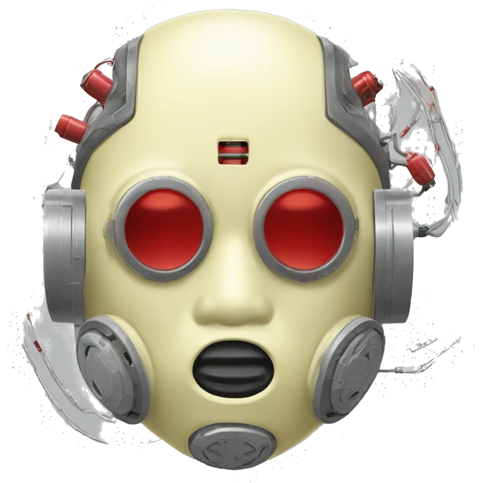Pastel light yellow round male cyborg head with red respirator mask and circuits emoji