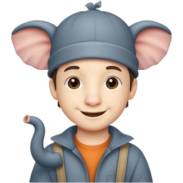 A boy that has a elephant hat that has a trunk emoji