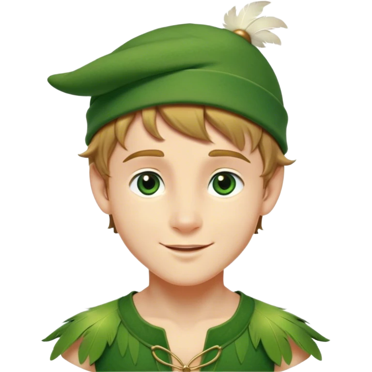 Cinematic Realistic Peter Pan Portrait, depicted with lifelike, youthful skin touched by a gentle sun-kissed glow. His bright, expressive eyes and confident smile evoke a timeless sense of wonder. Dressed in his iconic green tunic and feathered cap, every detail is rendered with soft, natural lighting that highlights his blend of innocence and courageous spirit. emoji