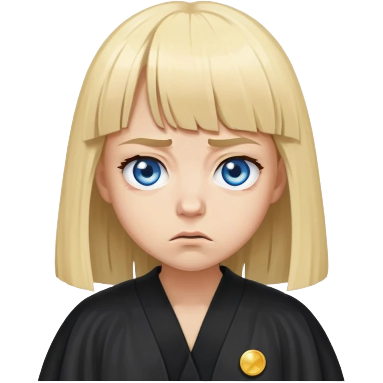 Very Angry with tiny eyes,blue eyes, blonde hair with bangs, circles under her eyes from being tired,wearing a black judges robe emoji