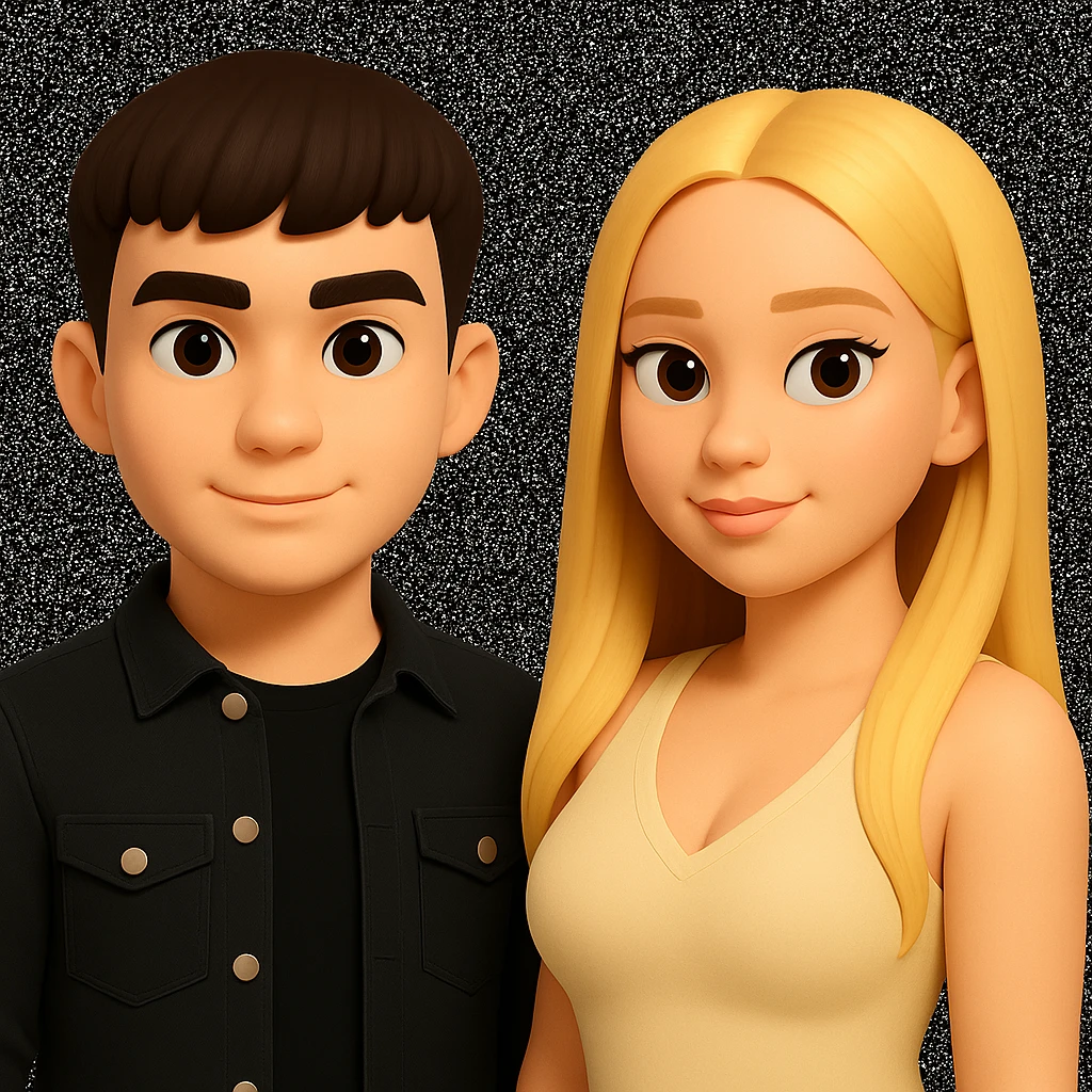 Slightly increase the volume of the upper body of the girl, separate the girl and the boy from each other, and make the skin color the same for both characters. Maintain the cartoonish 3D style as in the reference image. emoji
