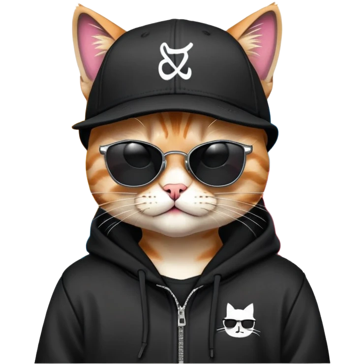 cat wearing a black snapback cap and black hoodie, with black sunglasses positioned low on his nose, winking one eye while looking directly at the viewer over the top of his sunglasses with a mischievous expression, doing graffiti with spray paint emoji