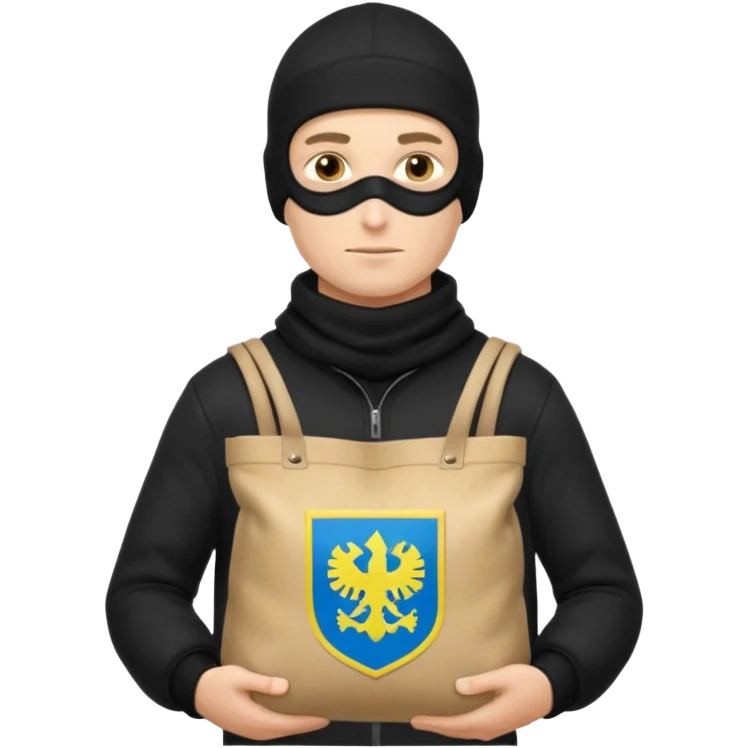 создай реалистичного белого украинца в черное одежде и черной балаклаве с большим мешком денег с  гербом страны на нем  emoji