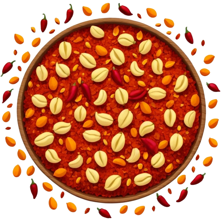 a handful of crushed chili flakes, scattered, deep red and orange, irregular, some yellow seeds, dry rough surface, spicy, no extras, apple emoji style, soft lighting, transparent background, emoji scale emoji