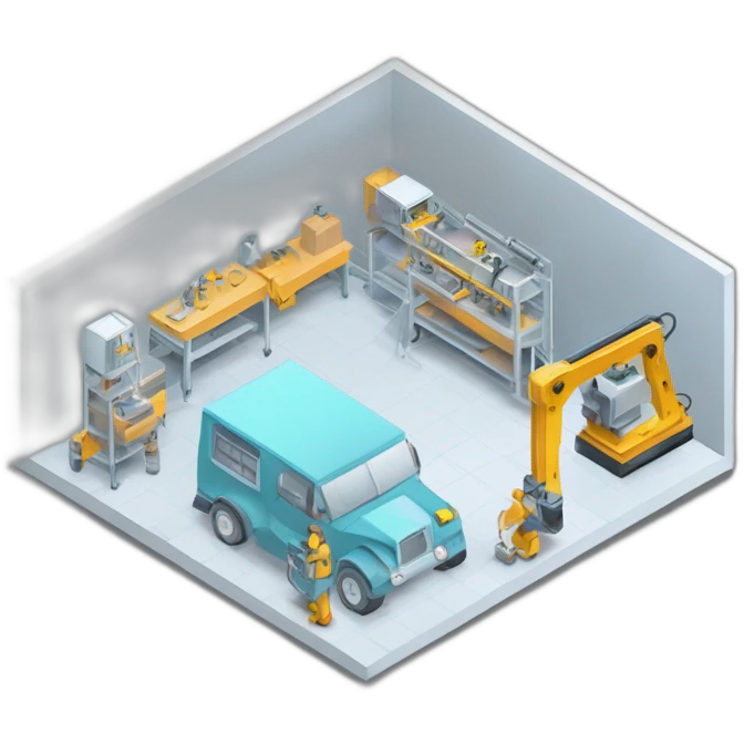 isometric square transparent solid outline border containing indoor creative workshop handmade factory people actively working cnc machine tools vacuum simple clean industrial emoji