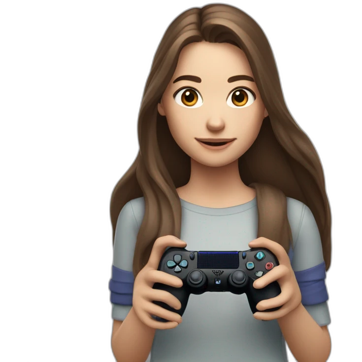 Caucasian Girl with long Brown hair holding a playstation 4 controller as she was playing looking at a screen emoji