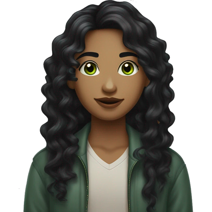 long curly black hair,eyes with a hint of green, eyes positive  canthal tilt ,medium thick shaped eyebrows , and medium thin lips, round face shape, soft jawline, full body, teen, sensual, american emoji