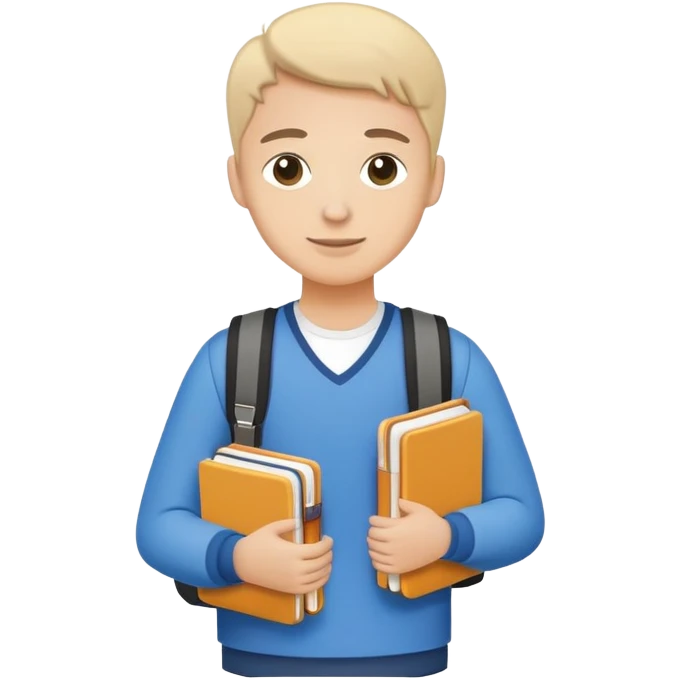 A flat-style illustration of a university student, holding a few textbooks and wearing a messenger bag. Clean, modern cartoon style, white background, iOS emoji aesthetic. emoji