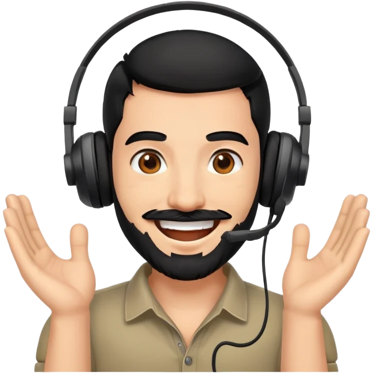 Very happy excited grinning man with black hair, brown eyes, black beard wearing a gaming headset emoji