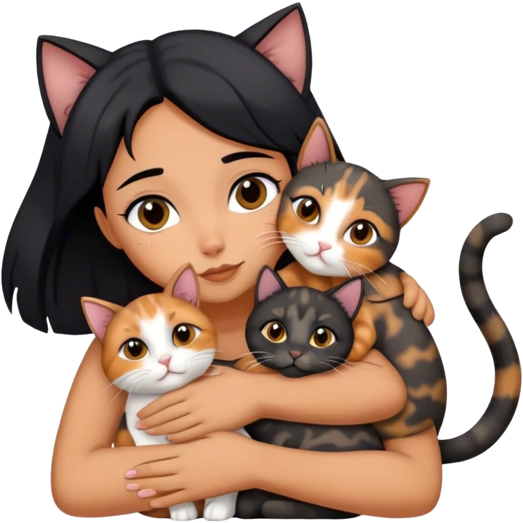 girl with black hair hugging three cats  (tortie cat, full gray cat, brown calico cat) emoji