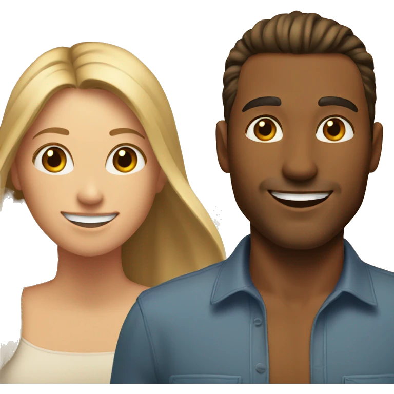 Woman and man smiling, woman has straight Brown hair in a ponytail, slightly sunkissed skin, man has blonde long hair which are in a ponytail, slightly sunkissed skin emoji