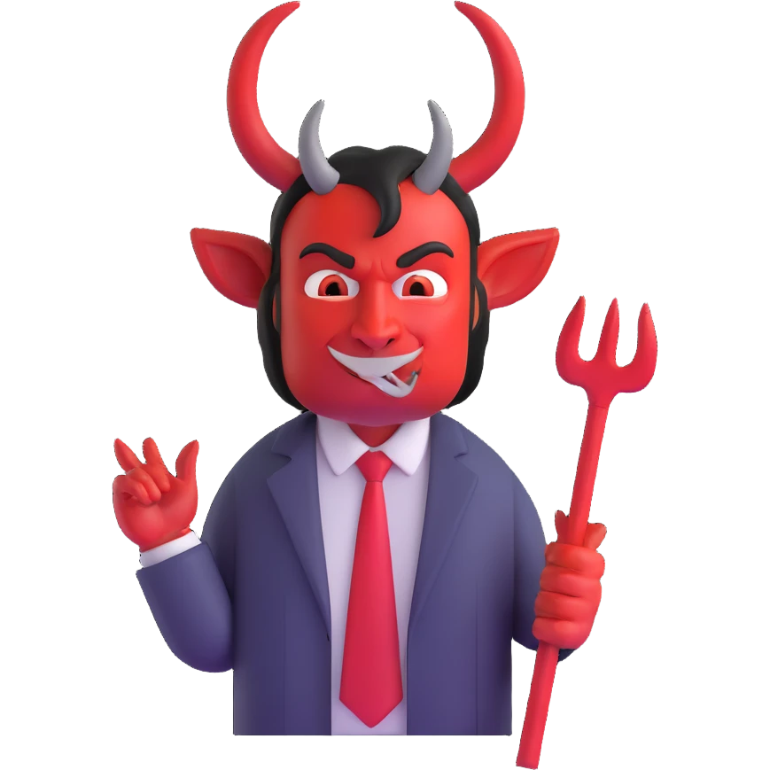 devil businessman with horns and pitchfork selling online courses emoji