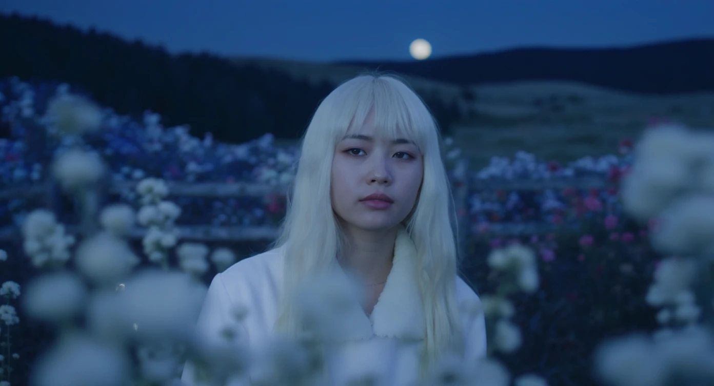 A portrait of a white person in the foreground, blurred plants in the foreground, a wooden fence and colorfull flowers in the midground, rolling hills in the background, cinematic depth of field, layered composition, moon back light (Blue night) emoji