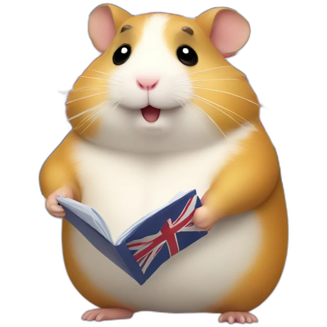 Fat hamster is waiting with documents and uk flag in hand emoji