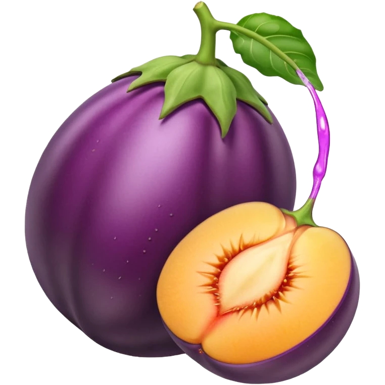 Eggplant with white liquid coming out the top being inserted into a peach emoji