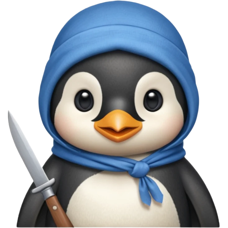 Cute and little penguin wearing a blue cloth in his head and holding a  knife  emoji