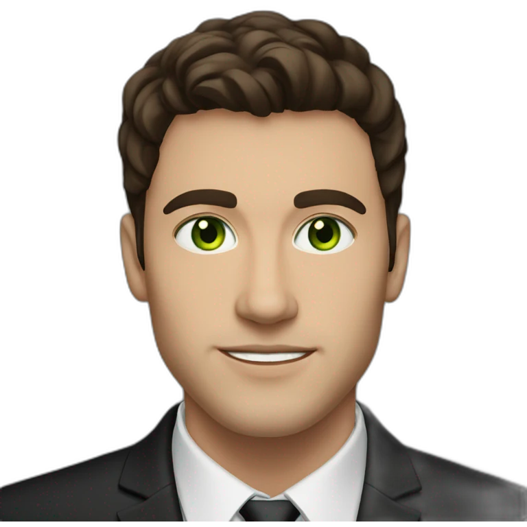 A 25-year-old man with green eyes In a black classic suit and dark brown hair, Oval, triangular face shape emoji