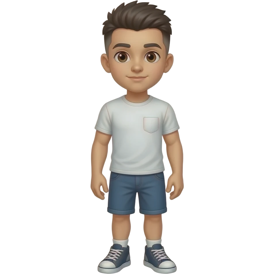 Hazme un chico con pelo rapado, en cresta y negro, ojos marrones. Y que este un poco musculoso. Que tenga camiseta. QUE SE VEA EL CUERPO ENTERO Y QUE TENGA ZAPATOS emoji