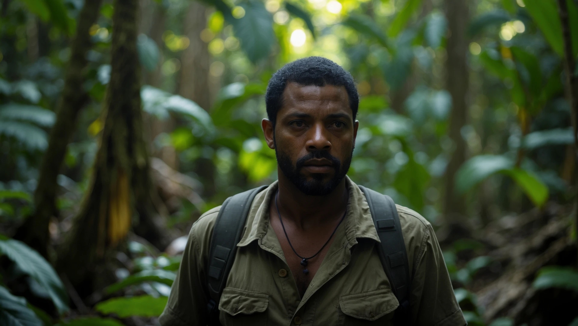 cinematic still, documentary photography, amazon jungle, well lit scene, man is exploring the jungle, close up, front shot emoji