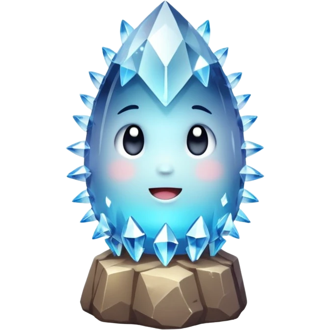 A single cute crystal rock character inspired by a clear quartz cluster, chunky round base with many tall transparent crystal spikes growing upward all around it  emoji