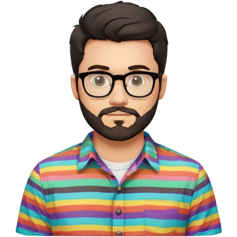 a 30-year-old man with light skin, medium solid build, wide face, soft cheeks, rounded jawline, neutral relaxed expression, short dense full beard, wavy voluminous brown-black hair at the front, large rectangular black thick frame glasses, colorful button-up shirt open showing white t-shirt emoji