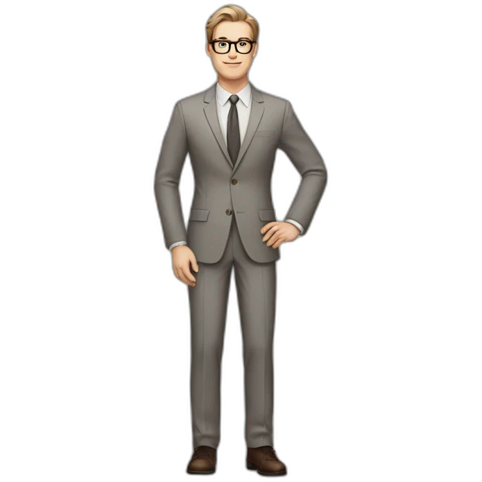Full height Pale skinned Fit Man With dark brown hair in classic gray suit, beige office shirt, dark gray tie, and vintage glasses. His right hand stretched out emoji