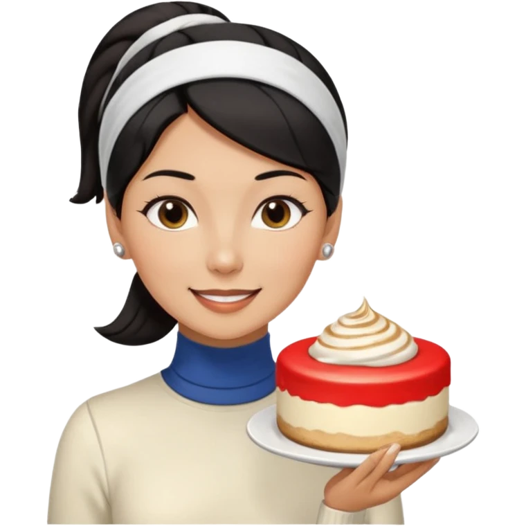  tan skin woman with long face, and short black hair slicked back ponytail with forehead showing, white headband, wearing white turtleneck shirt, eating tiramisu smiling with middle parted hair emoji