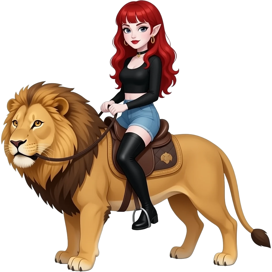 Vampiro femmina con pelle bianca capelli lunghi  rossi ondulati e la frangetta che indossa jeans chiari corti , un top nero con maniche lunghe e anfibi lunghi fino alle ginocchia che sta cavalcando una leonessa SENZA sella emoji