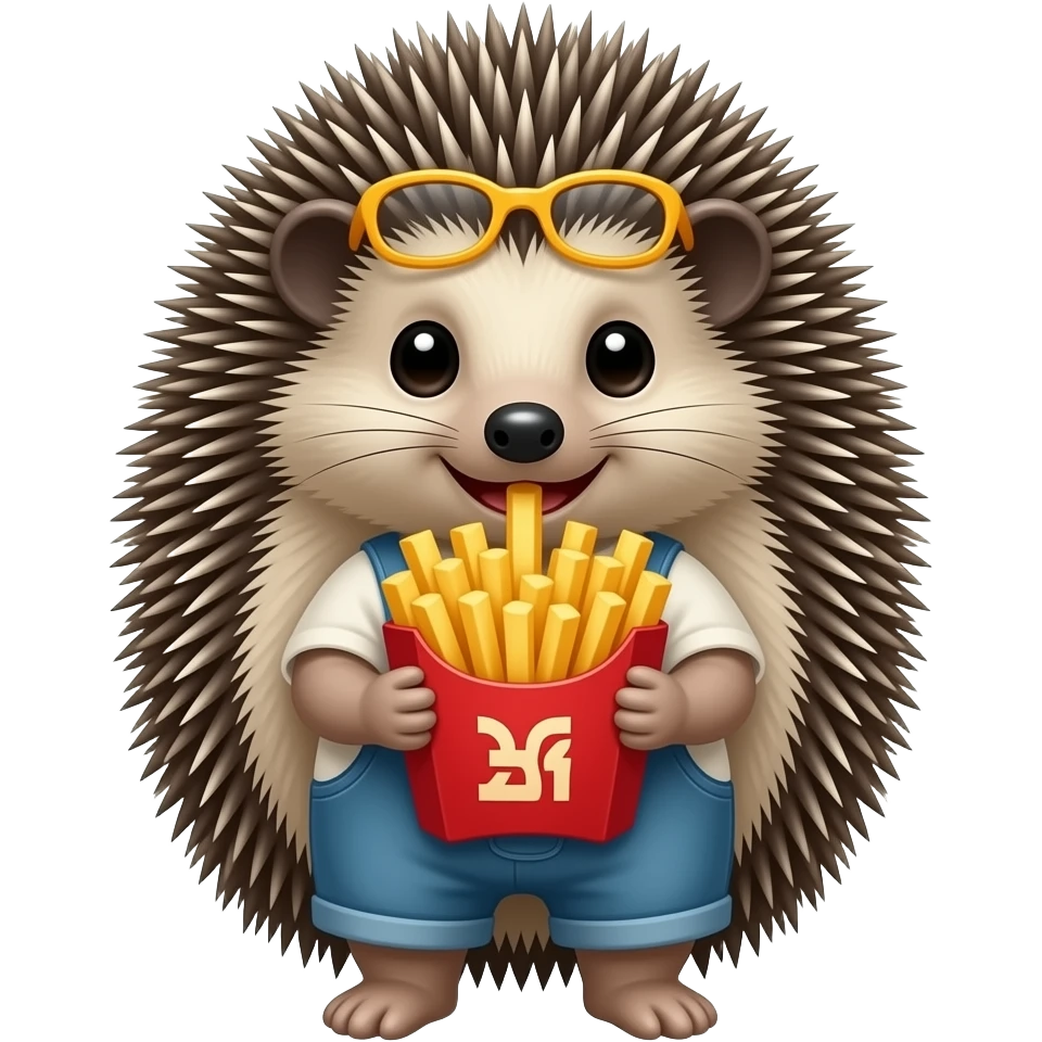 Hedgehog wearing cloth and eating big French Fries emoji