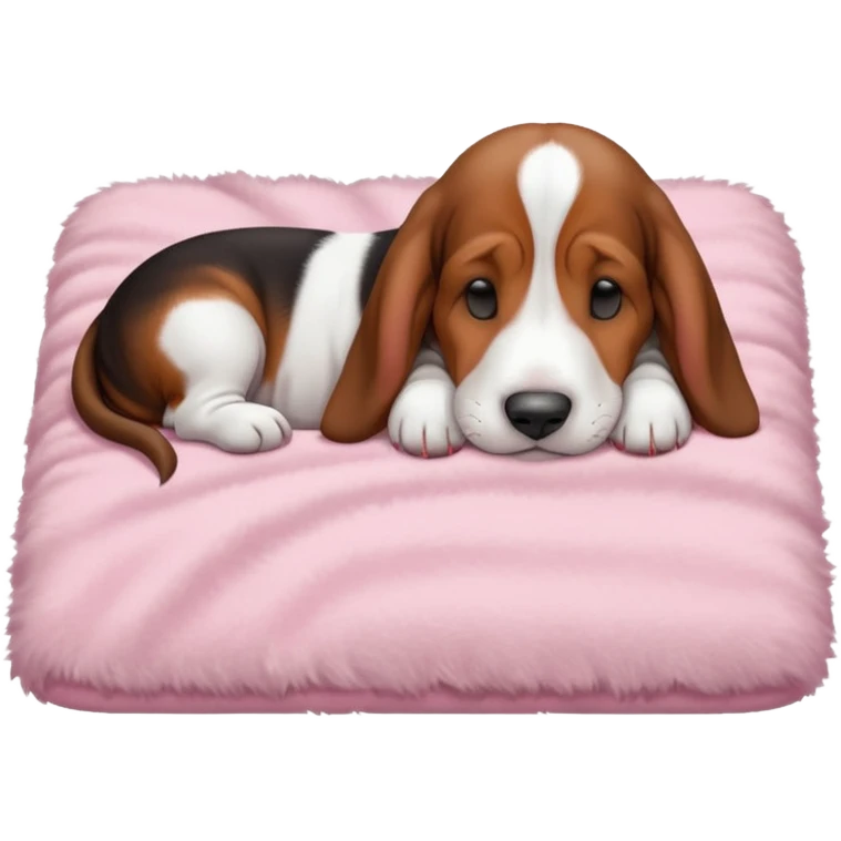 A baby basset hound sleeping on a baby pink blancket emoji