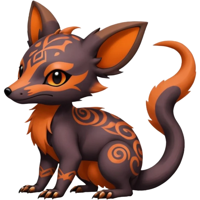 Rare warm-colored exotic cute epic aesthetic gothic colorful Salandit-Eevee-Civet-species-Fakemon-hybrid-creature, with tribal tattoo markings, full body emoji