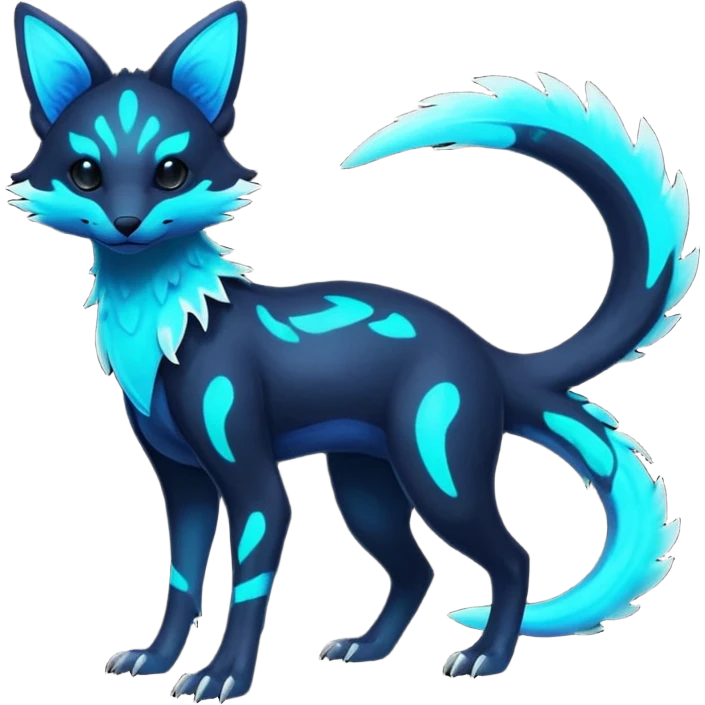 Rare realistic dark-neon glowing bioluminescent edgy badass epic pretty beautiful handsome gorgeous aesthetic colorful vibrant Vernid-Trico-species-Fakemon-creature by LiLaiRa, 4 legs, 1 tail, random markings, (full body) emoji